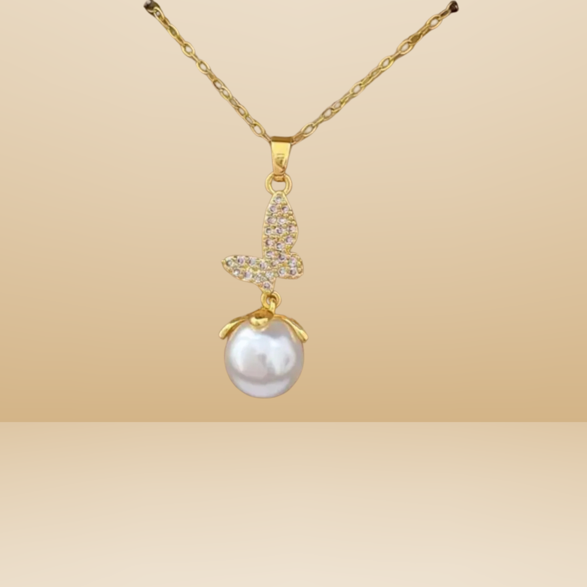 Gold-Toned Butterfly Pendant Necklace With Stone Accents & Pearl Drop