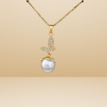 Gold-Toned Butterfly Pendant Necklace With Stone Accents & Pearl Drop