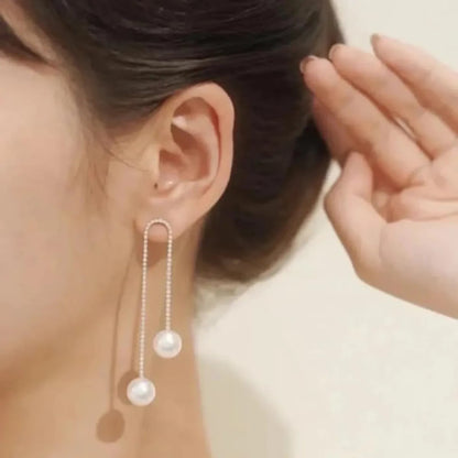 Silver U-Shaped Rhinestone Drop Earrings With Pearl Accent